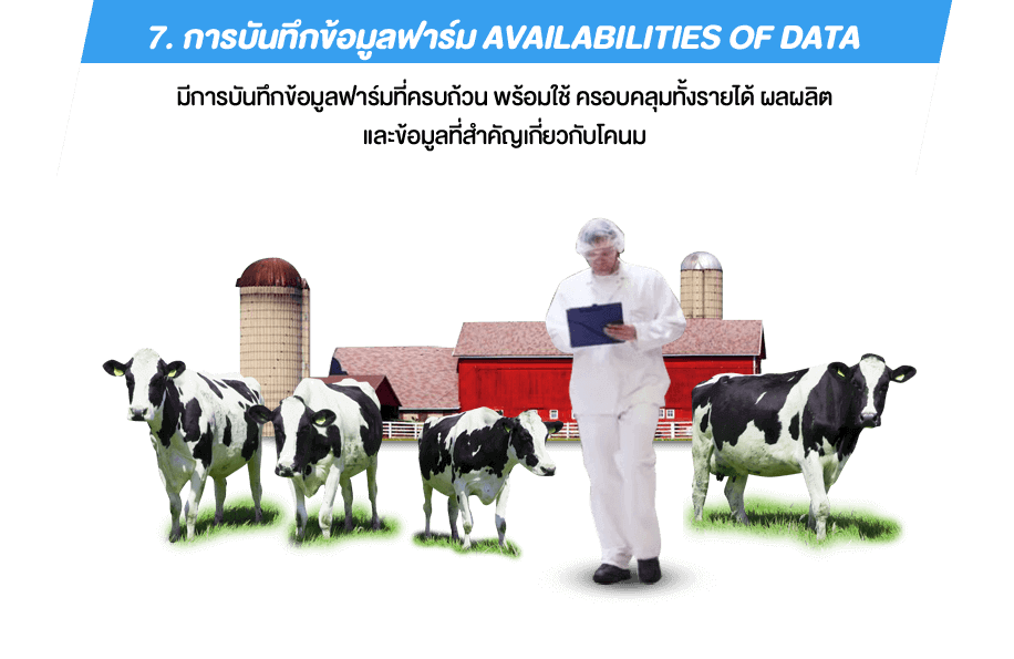 7. การบันทึกข้อมูลฟาร์ม Availabilities of data มีการบันทึกข้อมูลฟาร์มที่ครบถ้วน พร้อมใช้ ครอบคลุมทั้งรายได้ ผลผลิตและข้อมูลที่สำคัญเกี่ยวกับโคนม