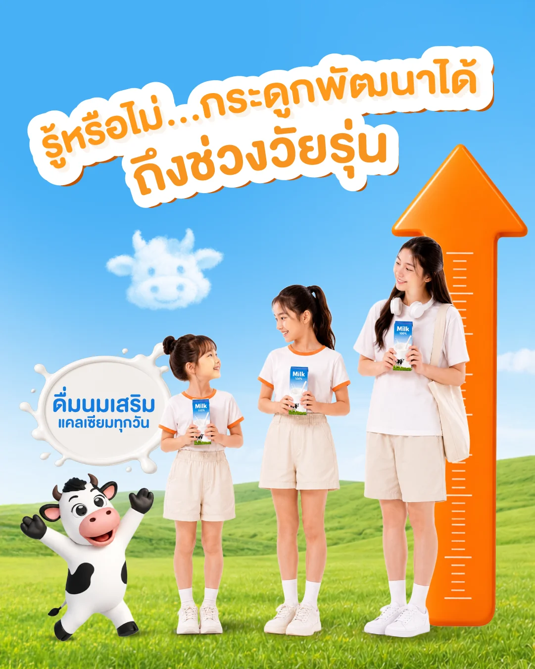 เด็กผู้หญิง 3 วัยถือกล่องนมยืนเรียงความสูงข้างลูกศรวัดส่วนสูงและน้องวัว ข้อความ รู้หรือไม่…กระดูกพัฒนาได้ถึงช่วงวัยรุ่น ดื่มนมเสริมแคลเซียมทุกวัน