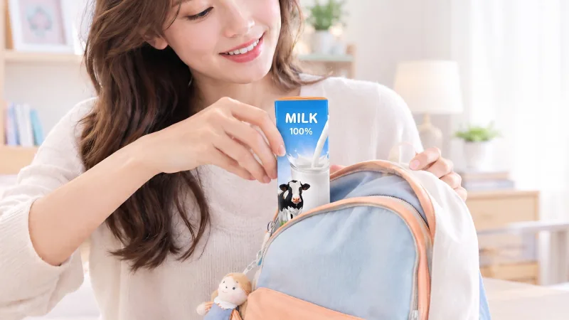 คุณแม่หยิบนมกล่องใส่กระเป๋านักเรียนของลูก